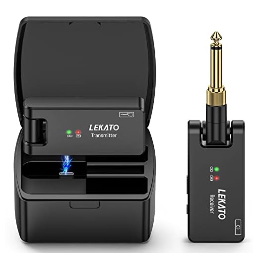 LEKATO Wireless Guitar System with Charging Case, Rechargeable 2.4GHz Wireless Transmitter Receiver Guitar Wireless System 4 Channels with Dual Plugs 3.5mm/6.35mm,(WS-100)