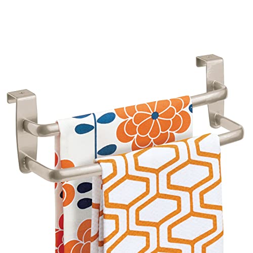 Mdesign Over-Door Cabinet Towel Holder - Kitchen Cabinet Double Towel Bar Rack - Over Cabinet Towel Bar Hanger For Hand, Dish, And Tea Towels - 9.84" Wide - Spira Collection - Satin #TOP5