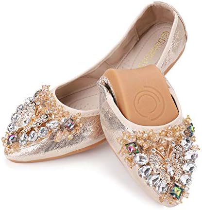 Anxle Womens Foldable Ballet Flats Bling Rhinestone Pointed Toe Comfort Slip On Walk Work Loafers Bridal Dress Shoes Gold 9