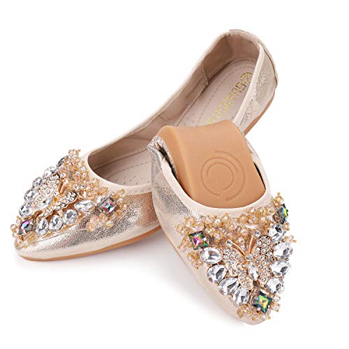 Anxle Womens Foldable Ballet Flats Bling Rhinestone Pointed Toe Comfort Slip On Walk Work Loafers Bridal Dress Shoes Gold 9 #TOP1