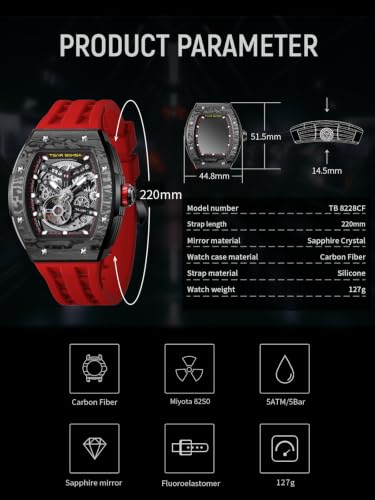Image of TSAR BOMBA Men's Automatic Watch Tonneau Luxury Skeleton Watches for Men Mechanical 50M Waterproof Analogue Watches Mens Unique Cool Square Big Face Dial Wristwatch with Silicone Strap Band