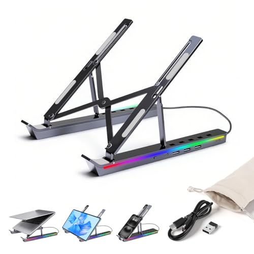 Image of ZORBES RGB Laptop Riser Stand Desk Support, Folding Aluminum Alloy Laptop & Tablet Stand with 4 USB Ports, 8-Level Adjustable Height, Anti-Slip & Ergonomic Heat-Dissipating Laptop Riser, Plug and Go