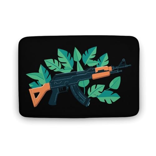 Gun AK47 Tropical Leaves Coral Velvet Rugs Non-Slip Bathroom Rugs Soft Kitchen Rug Floor Carpet for Home Decor 15.7