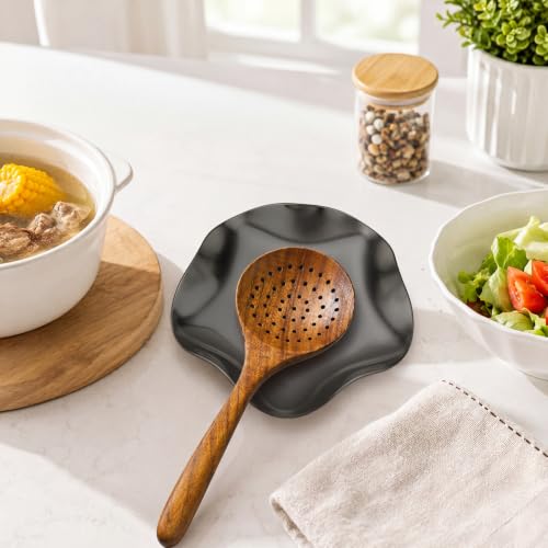 Image of VanlonPro Stainless Steel Spoon Rest, Spatula Ladle Holder, Stainless Steel Utensil Spoon Rest Holder, Brushed Finish, Dishwasher Safe 5.9 Inch (Flower Black 1PC)