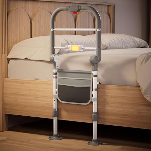 ONTHEWEI Bed Rails for Elderly Adults Safety Foldable Bed Assist Rail with Adjustable Height, Non-Slip Handle, Motion Sensor Light & Storage Pouch, Fits King Queen Full Twin Beds, Supports 350 LBS