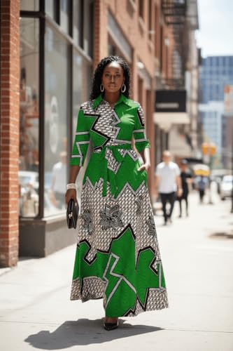 Image of Runwind Women Church Maxi Dresses 3 /4 Sleeve Button Down Print Casual Office Dress African