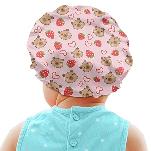 Image of Kids Sleep Cap for Sleeping Beanie Night Hat with Elastic Wide Band Sleeping Cap Cute Capybara Print Satin Bonnet Beanie Hats Pink Strawberry Headwear for Curly Hair