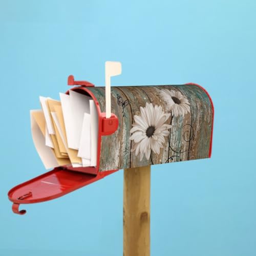 Image of Rustic Daisy Board Mailbox Cover Magnetic, White Sunflowers Vintage Wood Grain Plank Mailbox Wrap Letter Post Box Cover for Yard Garden Outside Home Decor, Large Size 25.5x21 Inch