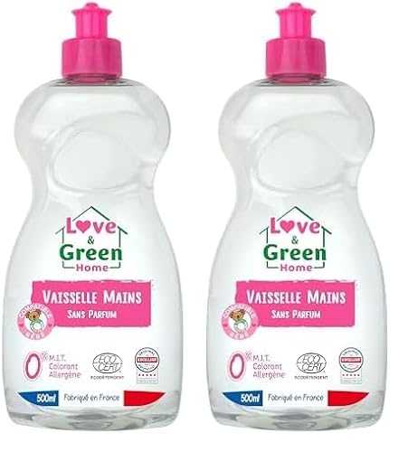 Love & Green Home Liquide Vaisselle mains écologique certifié Dermatest et Ecodétergent par Ecocert. Sans parfum - Compatible bébé - Fabriqué en France - 500ml (Lot de 2)