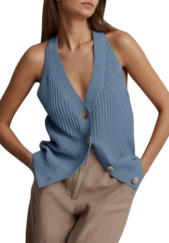 Image of Womens Button-Front Sweater Vest Top V Neck Sleeveless Knit Tank Fitted Halter Raceback Cardigan Vest