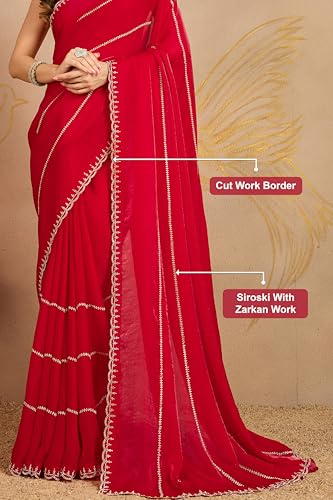Image of TRENDMALLS Women's Satin Siroski With Zarkan Work Saree with Unstitched Blouse Piece