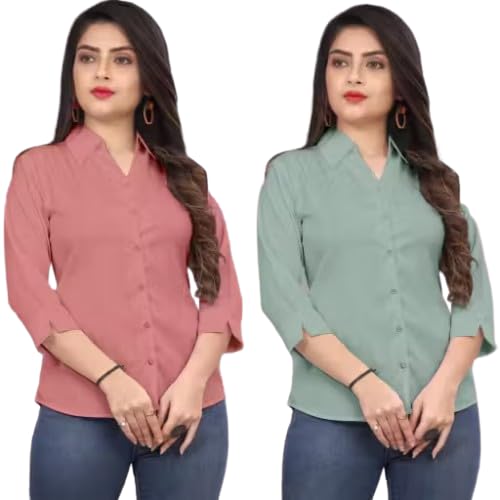 Image of Women's Solid Formal Shirt (Pack of 2)-Pink, Mint Green-1 P3