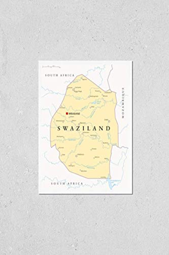 Wall Art Poster Print of Swaziland Political Map With Capital Mbabane, National Borders, Important Cities, Rivers and Lakes. English Labeling and Scaling.