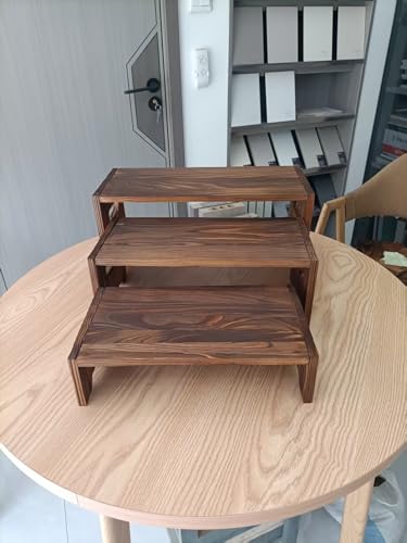 JIANGRENMU Wooden Display Risers, Set of 3 Nesting Stands, 16.5 x 7 x 4.8 Inches, Dark Brown (Vintage Black)