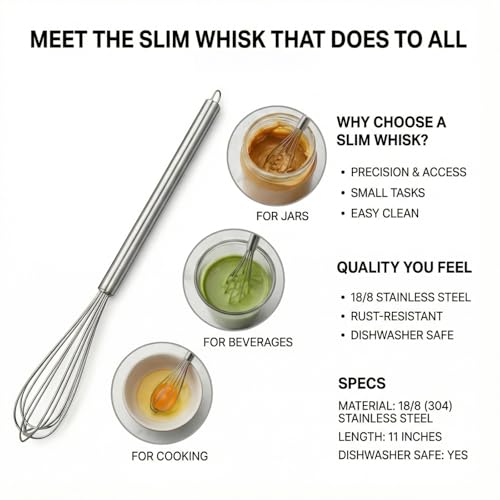 Image of 11-Inch Slim French Whisk, Small Whisk, 18 /8 Stainless Steel, Long Handle