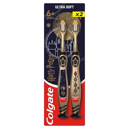 Colgate Harry Potter Kids Toothbrush 6+ Years for Kids with Milk and Permanent Teeth Cleans Hard-to-Reach Back Teeth White Gold and Black Bristles Suction Cup for Upright Storage