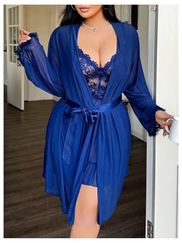 OYOANGLE Women's Plus Size 3 Piece Sheer Robe Lingerie Set V Neck Lace Ruffle Chemise and Thongs Mesh Sleepwear4