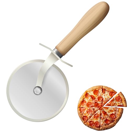 Generic Stainless Steel Pizza Cutter Wheel with Wooden Handle - Sharp Blade Pizza Slicer, Finger Guard Protection, Dishwasher Safe, Also Great for Cheese, Pastry, and Pie, Brown