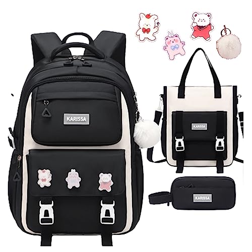 Kawaii Backpack with Cute Accessories Pins Pendant Aesthetic 3pcs Set Rucksack Sling Bag Casual Daypack (Black,M)