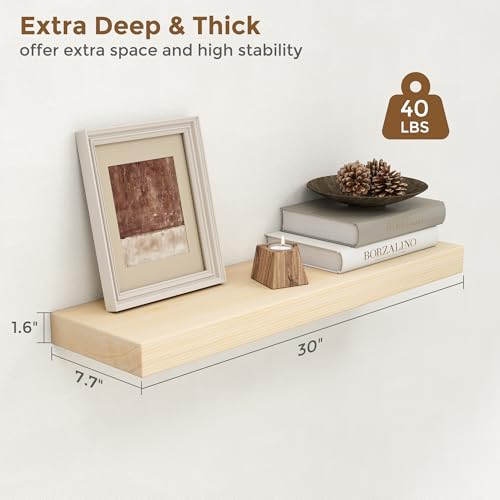 Image of Marsmiles 30 Inch Floating Shelves for Wall - Natural Unfinished Wood Floating Shelves Set of 2-30 Inch Wide x 7.7 Inch Deep x 1.6 Inch Thick Wooden Shelves for Room Wall