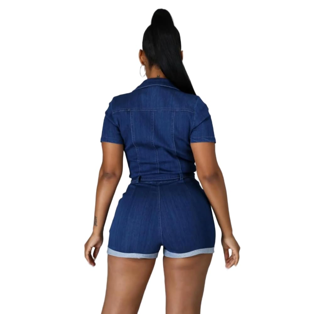 JJDFW Denim Bodycon spodenki na co dzień dżinsy ogólny zamek błyskawiczny dekolt w serek krótki rękaw kokarda pasek pajacyki denim krótki kombinezon kobiety