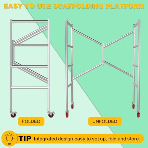 Image of Scaffolding Work Platform, Rolling Scaffolding with Wheels, Scaffold for Building Construction, Interior Painting, Home Improvement（59.0 inch Height, 500LBS Capacity, Silver)