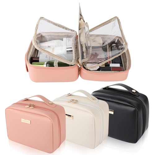 HERYEBING Kosmetiktasche Groß Reise Make up Tasche | Leder Wasserdicht Schminktasche mit Make-up Pinsel Fächern | Kulturtasche für Damen/Mädchen mit Griff | Kosmetikkoffer Travel Essentials(Rosa)