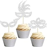 Gyufise 24Pcs Masquerade Masks Cupcake Toppers Silver Glitter Bachelorette Mask Cupcake Topper Mask Cake Picks Decorations for Masquerade Mardi Gras Party Baby Shower Birthday Party Supplies