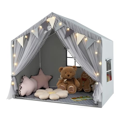 COSTWAY Tente de Jeux Enfant avec Rideaux en Tissu & Moustiquaire, Cabane Enfant Intérieure avec Guirlandes Lumineuses Étoiles & Fanions à Carreaux, Tapis...