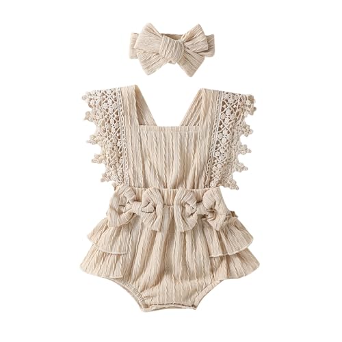 Image of Douhoow Infant Baby Girl Plaid Romper Baby Short Sleeve Pleated Romper Bodysuit Summer Spring Outfits