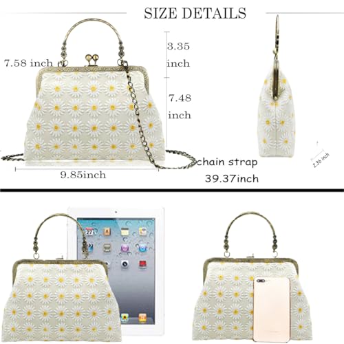 Floral Top-Handle Handbag, Kiss Lock Evening Bag for Women, Vintage Purse with Chain, Women's Retro Clutch Bag for Party（Sunflower） — view 4
