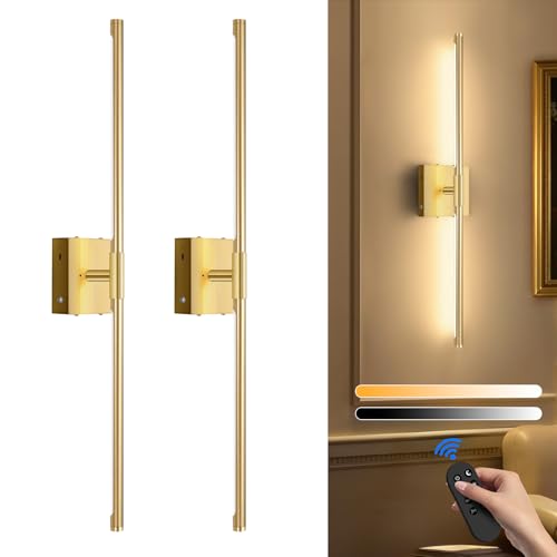 Image of SAIMAND Wireless Sconces Set of 2 Battery Operated,8000mAh USB Rechargeable Wall Light with Remote Control,3000K-6000K LED Dimmable Wall Lamp for Living Room, Hallway, Bedroom (Gold)