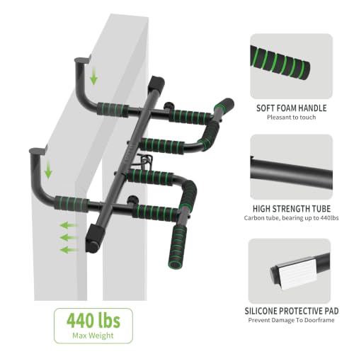 Image of KAKICLAY New Upgrade Pull Up Bar for Doorway with Ergonomic Grip - Upto 440 Lbs Capacity, No Screwing or Slipping - USA Original Patent, Designed, Shipped, Warranty