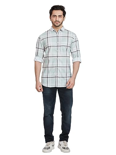 Image of BE ACTIVE Men's Solid Slim Fit Cotton Casual Shirt | Men Stylish Shirt | Spread Collar & Full Sleeves | Checkered Pattern | Regular Fit