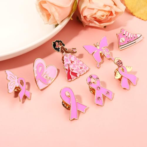 Image of Breast Cancer Awareness Pins for Women Enamel Pink Ribbon Lapel Pins Fight Breast Cancer Brooches Heart Hope Butterfly Brooch Pins Breast Cancer Awareness Jewelry Accessories Outfits