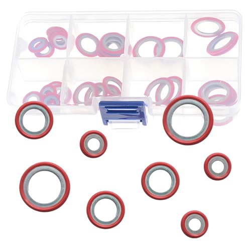 yorpyep 30 PCS Car A/C Gaskets, 3 Sizes Compressor Port Rust-proof Washer Assortment, Self-centered Bonded Buffer, Seal Cooling Pump O-ring Kit, Universal Service Gasket for Car A/C System (Red)