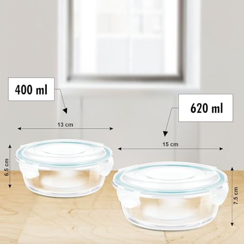 Image of SIGNORA WARE Lock N Store Round Glass Container Set| Microwave Safe| Easy Locking Clips| Airtight & Leakproof| Ideal for Office, Travelling & Outdoors (620ml + 400ml| Set of 2| Clear)