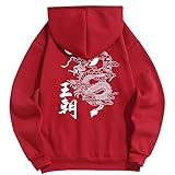 ZAFUL Men's Hooded Dynasty Chinese Character Dragon Oriental Graphic Fleece Lining Pullover Hoodie Unisex Sweatshirt(S,Red)