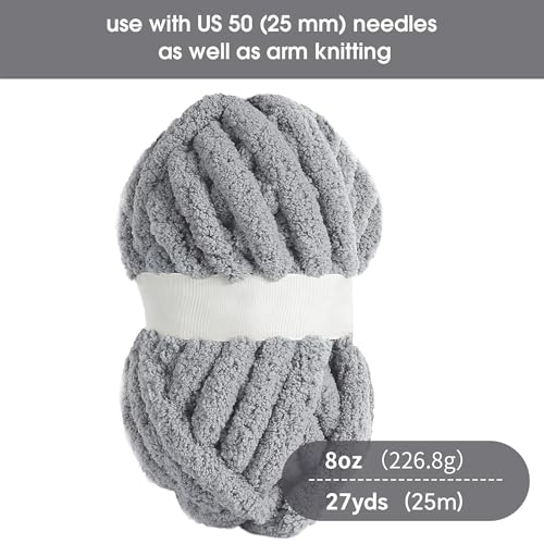 HOMBYS Light Grey Chunky Chenille Yarn for Crocheting, Bulky Thick Fluffy Yarn for Knitting,Super Bulky Chunky Yarn for Hand Knitting Blanket, Soft Plush Yarn, 12 Jumbo Pack (27yds,8 oz Each Skein)