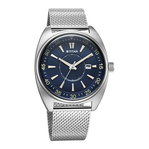 Image of Titan Tonneau Analog with Date and Blue Dial Mesh Stainless Steel Strap Watch for Men - 90211SM01