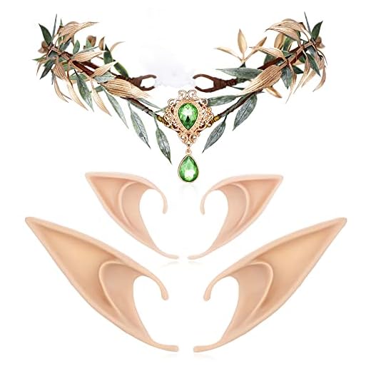 FRESHME Fairy Ears with Leaf Headband Set 2 Pairs Elf Ears and Handmade Gold Bridal Headpiece Flower Crown Women Girls Hair Accessories Valentines Day Gift St. Patrick's Day Halloween Cosplay Costume