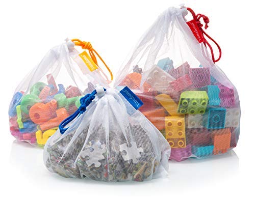 Vandoona Toy Storage & Organization Mesh Bags Set of 9 See-Through Washable Mesh Bags & Color Coded Drawstrings by Size S, M, L. Playroom Organization, Baby Toys (2 Small, 5 Medium, 2 Large)