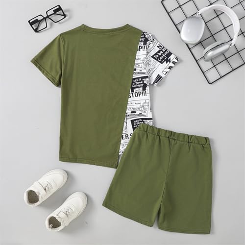 Image of OLMRJKD Boys 2 Piece Outfits Short Sleeve Colorblock T-shirt and Shorts Summer Casual Clothes for 6-12 Years