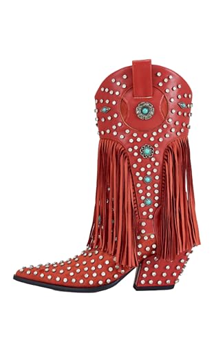 sexytag Fringe Cowboy Boots Rhinestone Embellishments Mid Calf Cowgirl Boots Turquoise Flower Studded Western Booties