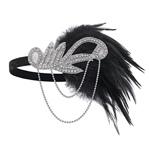 BABEYOND 1920s Flapper Headband Roaring 20s Great Gatsby Feather Headpiece (Black)