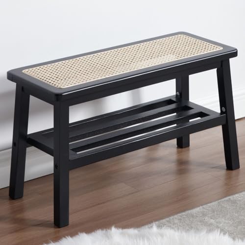 Ya-Home Sitzbank Holz Schuhbank Rattan Schuhregal 2 Ebenen Rattanbank...