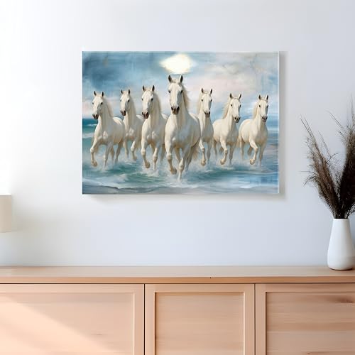 Image of PAINTINGMANTRA 7 White Running Horses Canvas Wall Art Painting For Living Room|Seven Running Horses Vastu Feng Shui Stretched Canvas Painting For Bed Room, Home & Office, 22x34 Inch
