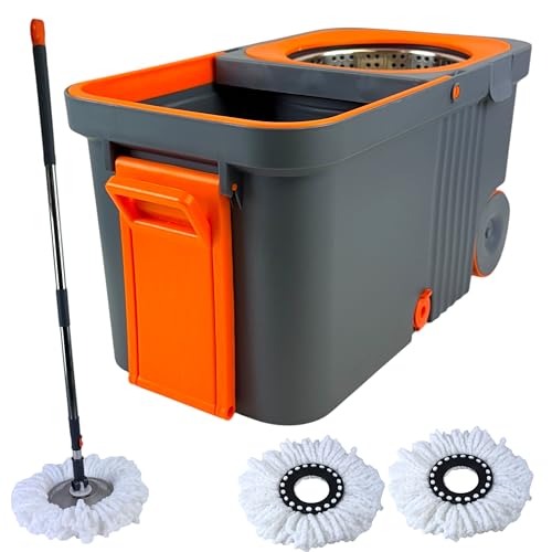 Easy Shopping® 360° Spinning Floor Cleaning System Heavy-Duty Mop Bucket on Wheels to Easy Move, Steel Wringer, Extended Handle Automatic Dehydration Mop With 2 Mop Pad