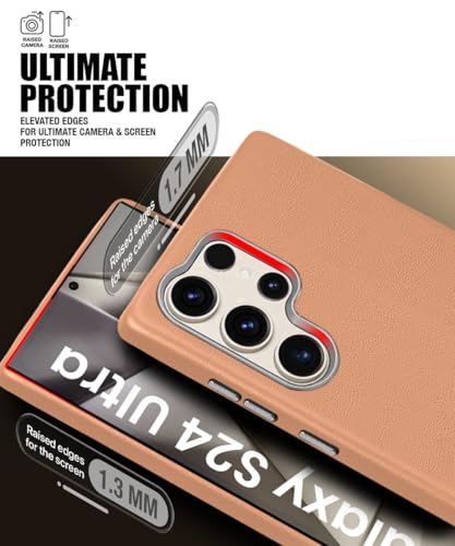 Image of WOW IMAGINE Back Cover for Samsung Galaxy S24 Ultra 5G | Shockproof Tough Leather Texture Hard Mobile Case | Ultra Slim Non-Slip Grip | Inner Velvet Fabric | Metal Camera Ring - Tan Brown