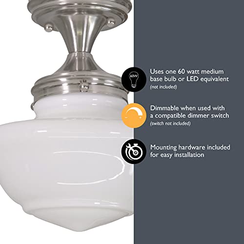 Design House 577494 Schoolhouse Semi Flush Mount Modern Vintage Farmhouse Indoor Dimmable Ceiling Light With White Glass For Entryway Hallway Kitchen Dining Bar Area, Satin Nickel #TOP2